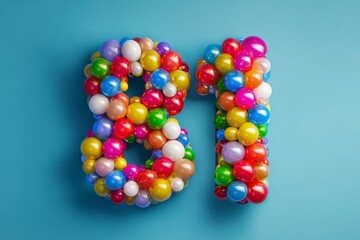 Colorful Balloon Arrangement Forming the Number 81 on Blue Background