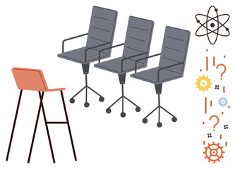 Three office chairs face a high stool with atomic, gear, and question mark icons representing innovation, creativity, teamwork, brainstorming, technology, education and problem-solving. A simple