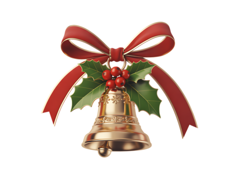 Golden christmas bell with red ribbon bow and holly berries isolated on transparent background