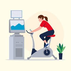 Woman exercising on stationary bike with heart rate monitor in a medical setting for cardiovascular health and fitness assessment during a stress test examination