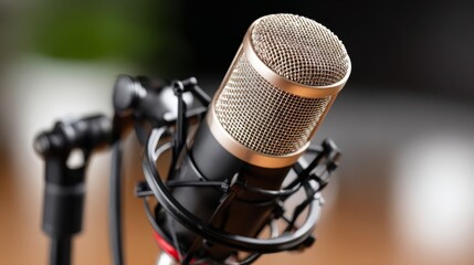 Professional studio microphone on wooden table for recording podcasts and vocals high quality audio equipment setup.