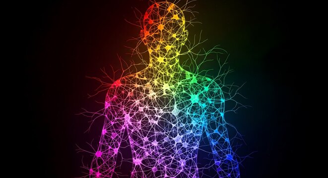 Vibrant human neural network glows with colorful energy, representing thought and connection.