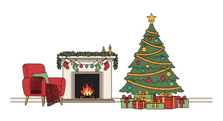 A cozy Christmas scene with a decorated fireplace, a comfortable armchair, and a beautifully adorned Christmas tree with presents underneath.