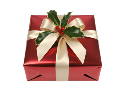 Festive red metallic gift box with a cream ribbon bow and holly decoration isolated on transparent background