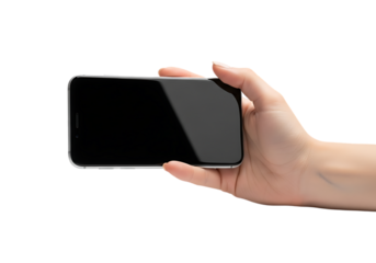 Hand holding a smartphone horizontally isolated on transparent background