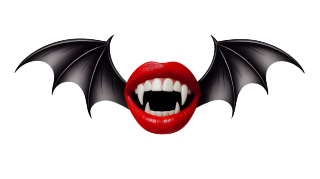 Fierce open red vampire lips with sharp fangs and black bat wings spread wide isolated on transparent background