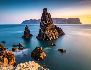 Dramatic Rock Formations in the Ocean at Sunrise, Madeira Island.