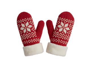 Pair of red knitted winter mittens with white snowflake pattern and fluffy white cuffs isolated on transparent background