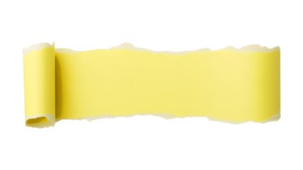 Torn yellow paper strip with rough edges and rolled ends isolated on transparent background