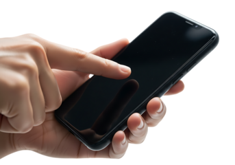 Finger touching a smartphone screen isolated on transparent background