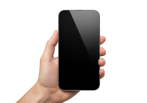 Hand holding a modern smartphone isolated on transparent background