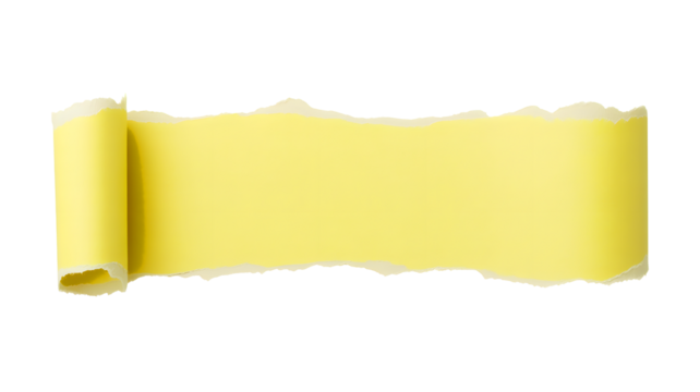 Torn yellow paper strip with rough edges and rolled ends isolated on transparent background