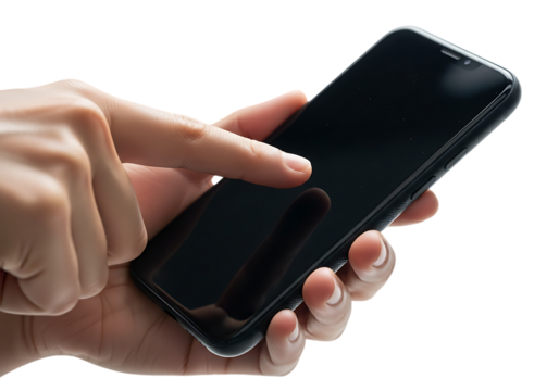 Finger touching a smartphone screen isolated on transparent background