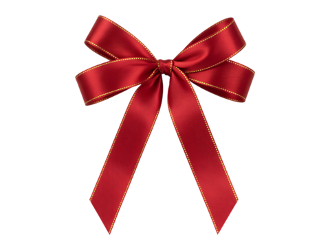 A festive red ribbon bow with gold trim perfect for holiday decorations isolated on transparent background - Powered by Adobe