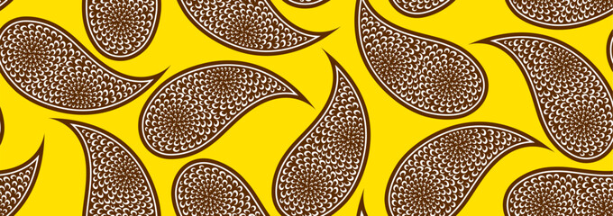 paisley seamless textile pattern. African wax print. Traditional Balinese sarong pattern. Ethnic bandana abstract fashion background. Horizontal illustration. Not generated by AI.