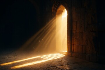Ancient stone abbey arches frame the light at the end of the dark tunnel, a passage through medieval architecture