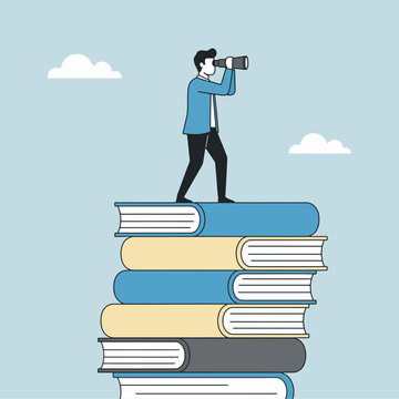 知識の山から未来を望む人物のフラットイラスト
