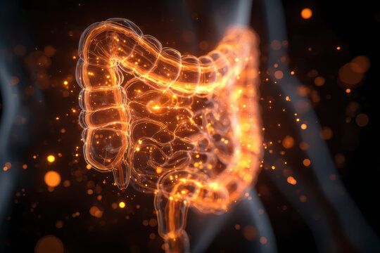 The colon outlined in bright orange, standing out against a dark background.