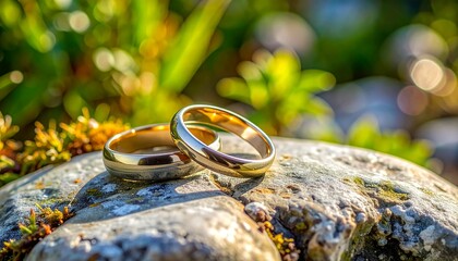 Two gold wedding rings on a rock