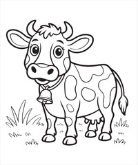 Cute cartoon outline spotted cow with a bell standing in grass is ready to color, kids, coloring page,  book , printable, easy, coloring, pages,