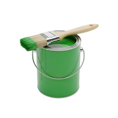A green paint can with a brush, isolated on white or transparent background. PNG