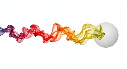 A white sphere emits a colorful, flowing trail of smoke or energy, transitioning through the rainbow spectrum on a white background.