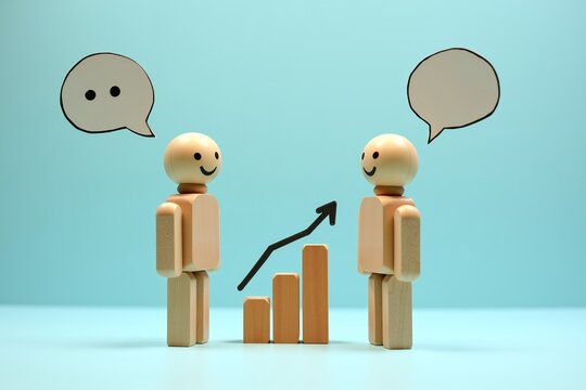 Two wooden figurines with speech bubbles stand beside a rising bar graph, symbolizing positive communication and growth in business or collaboration.