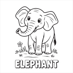 Black outline cartoon elephant stands near flower; the word elephant is below, kids, coloring page,  book , printable, easy, coloring, pages,