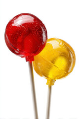 Two lollipops, one red and one yellow, stand out against a white backdrop.