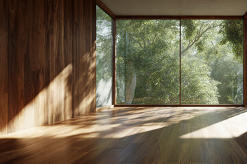 Sunlight streams into a minimalist room with wood floors and expansive view.