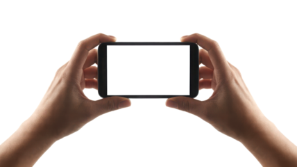 Hands holding a smartphone horizontally with a blank white screen for mockup. Isolated on transparent background