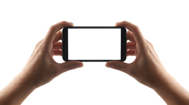 Hands holding a smartphone horizontally with a blank white screen for mockup. Isolated on transparent background