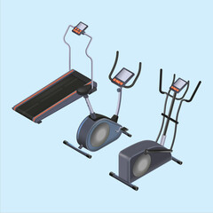 Isometric view of treadmill exercise bike and elliptical machine on a light blue background showcasing fitness equipment for home gyms and health and wellness programs