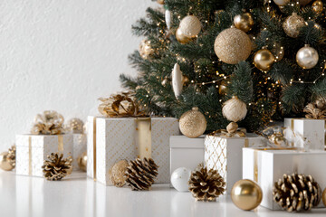 Christmas tree with shiny golden ornaments and presents under the Christmas tree