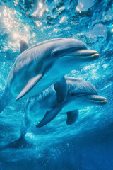 Two playful dolphins gracefully swimming together in crystal clear ocean water.