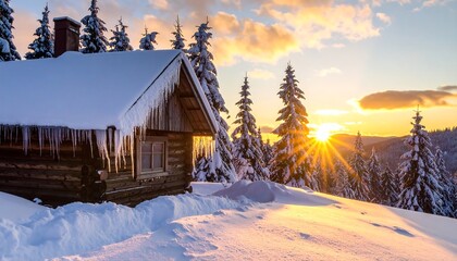 Snowy cabin sunset, winter wonderland