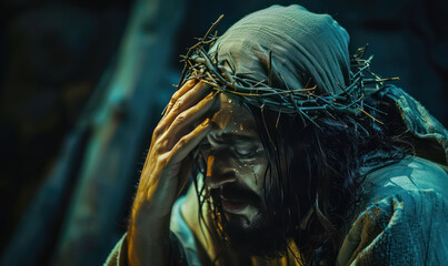 Realistic depiction of person dressed as Jesus Christ with crown of thorns showing moment of pain and suffering emotional
