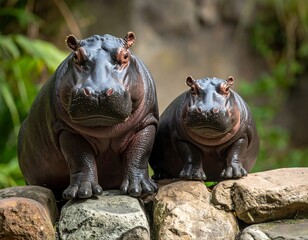 Two hippos, one large, one small, on rocks