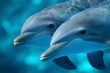 Two friendly creatures swim together in a clear, blue ocean scene.