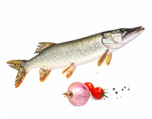 Watercolor Pike Fish Illustration with Vegetables - Culinary Art.