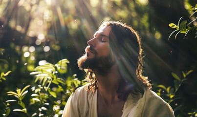 Man with long hair and beard enjoying sunlight nature peaceful and relaxed expression surrounded by green foliage warm