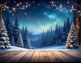 Snowy forest at night with wooden table