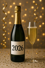 A bottle of champagne with a white label with the numbers 2026 and a glass of champagne on a festive background
