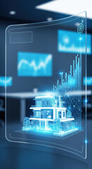Futuristic smart home interface digital house model data analytics blue hologram modern technology innovation growth chart virtual screen advanced architecture