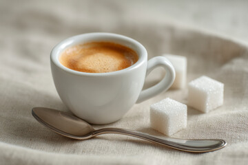 A cup of coffee next to sugar cubes and a spoon on a neutral linen cloth.