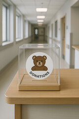 Transparent donation box with a bear design on a blurred background of a hospital corridor
