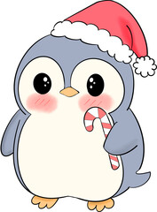 Cute penguin holding candy and wearing a Santa hat, smiling happily. for decorating postcards, Christmas and New Year greeting cards.