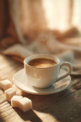 A steaming cup of coffee and sugar cubes on a wooden surface.