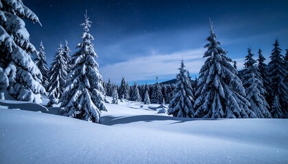 Snowy mountain forest at night