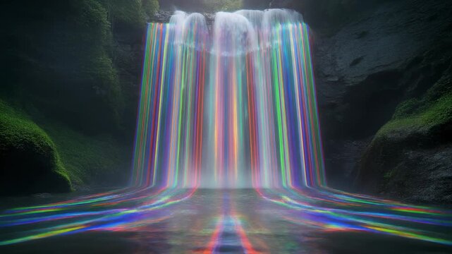 Holographic Waterfall_A waterfall that splits into streams of light before merging again